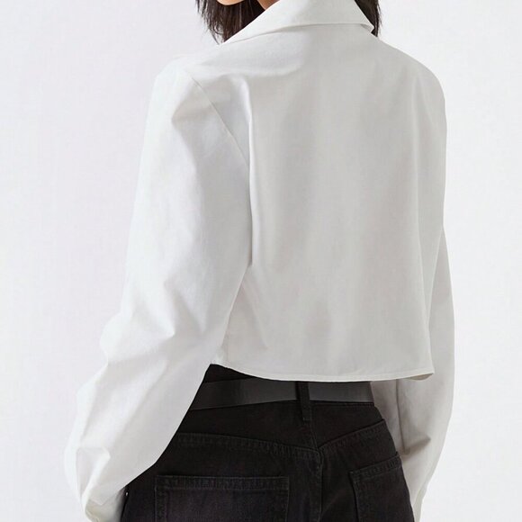 White Minimalist Women's Elegant Long Sleeve button detailed Shirt - Picture 3 of 8